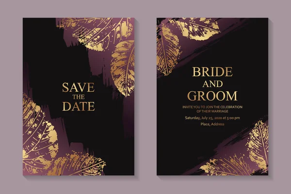 ピンクと黒の背景に金色の葉のプリントと豪華な結婚式の招待状のデザインやグリーティングカードテンプレートのセット — ストックベクタ