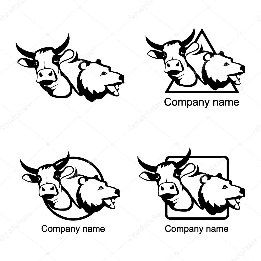 Set of heads of bull and bear logos on white background. Vector illustration