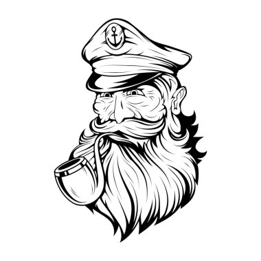  Sakallı gemi kaptanı. Denizci başı. Deniz köpeği. Denizci Portresi. Borulu bir kaptan. Sigara içen denizci. Deniz karakteri. Deniz Korsanı. Donanma şapkalı bir kaptan. Yaşlı Korsan. Tasarlanacak vektör grafikleri.