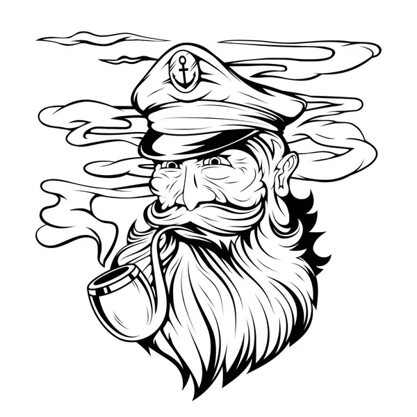 髭を生やした船長 水兵長 水兵の肖像画 パイプでキャプテン 喫煙船員 海のキャラクター 海バッカニア 海軍の帽子のキャプテン 古い海賊 設計するベクトルグラフィックス — ストックベクタ