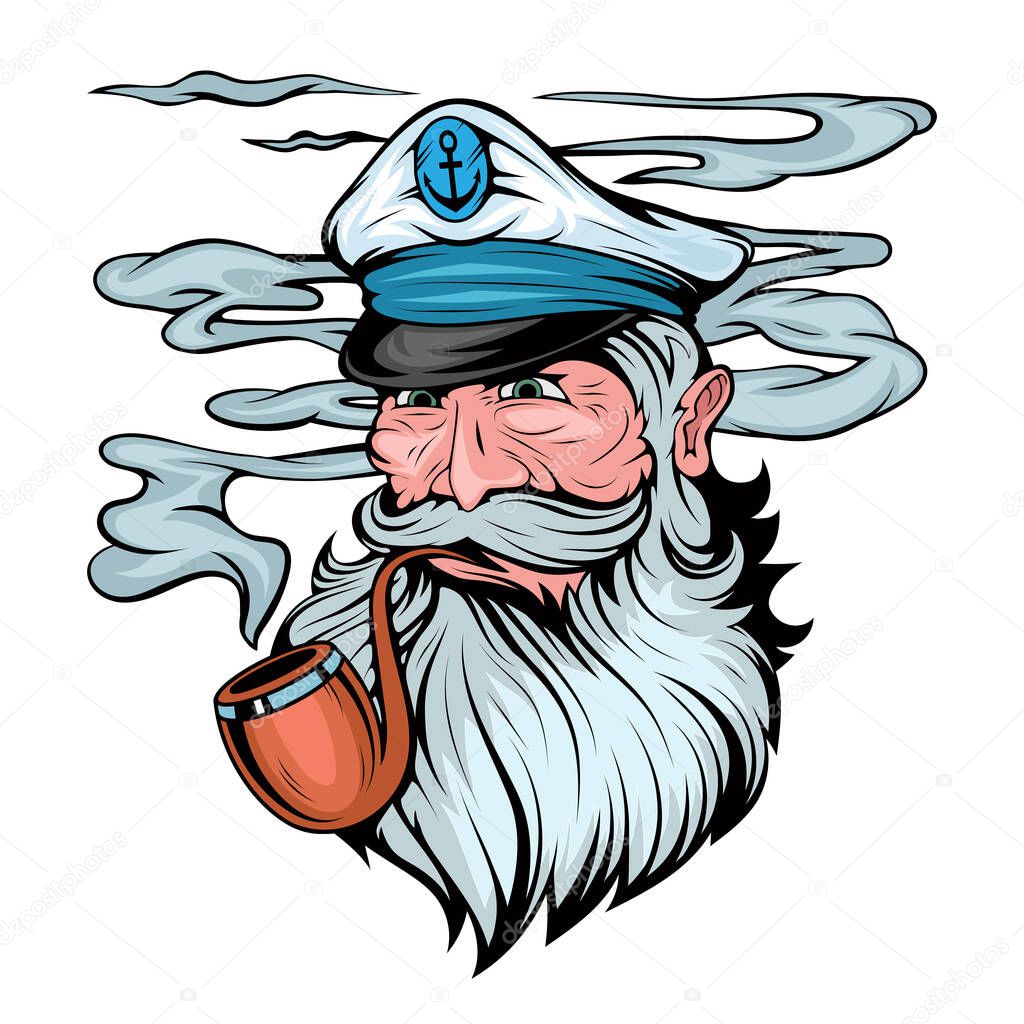  Bearded ship captain. Sailor head. Sea dog. Sailor Portrait. Captain with a pipe. Smoking sailor. Sea character. Seas Buccaneer. Captain in a navy cap. Old Pirate. Vector graphics to design.