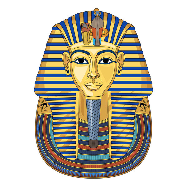  Mask of Tutankhamun. Gold mask. Living image of Amon. Valley of the Kings in Egypt. King Tutankhamun's death mask. Pharaoh of Ancient Egypt. Tutankhamun. King Tut. Vector graphics to design