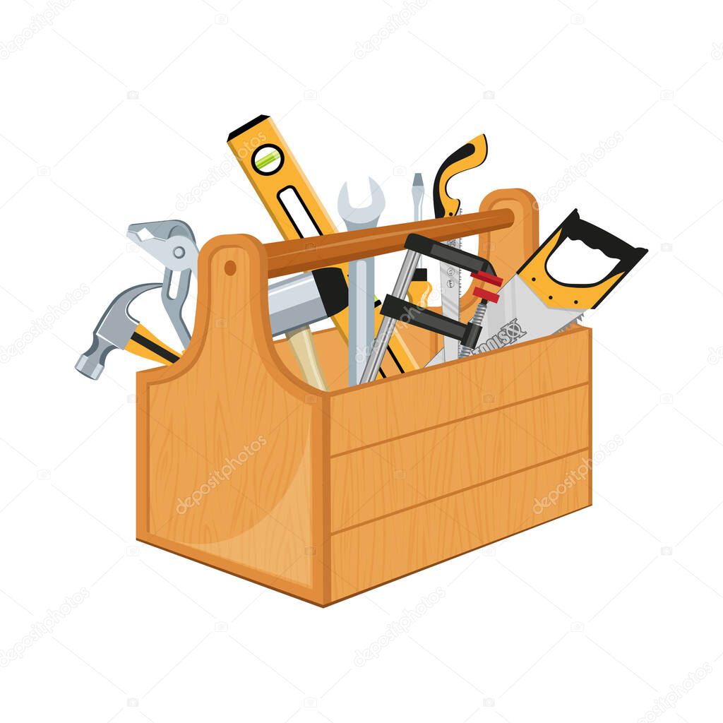  Toolbox with hand tools inside. Workbox with instruments. Building tools. Instruments for renovation. Work tools. Vector graphics to design.