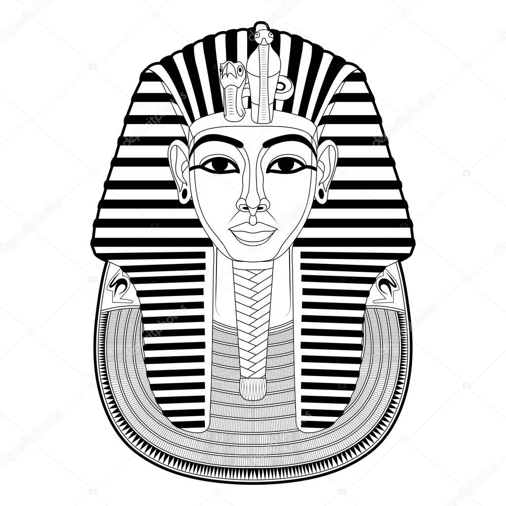  Mask of Tutankhamun. Gold mask. Living image of Amon. Valley of the Kings in Egypt. King Tutankhamun's death mask. Pharaoh of Ancient Egypt. Tutankhamun. King Tut. Vector graphics to design