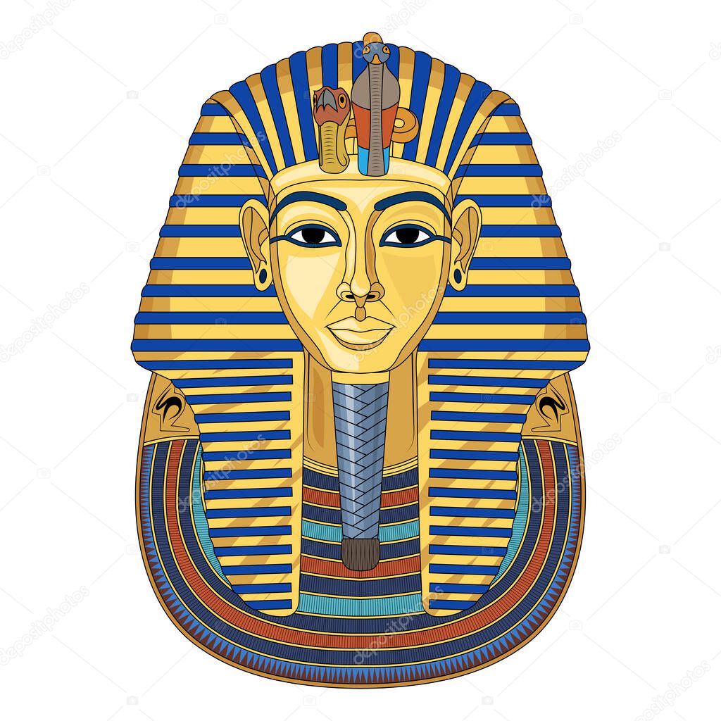  Mask of Tutankhamun. Gold mask. Living image of Amon. Valley of the Kings in Egypt. King Tutankhamun's death mask. Pharaoh of Ancient Egypt. Tutankhamun. King Tut. Vector graphics to design