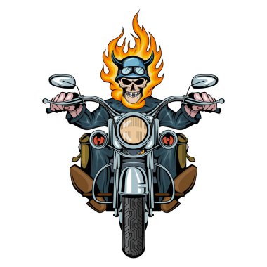  Burning Skull. Evil person. Skull Biker Sits On A Bike. Skull riding a motorcycle. Tattoo. Biker party. Vector graphics to design clipart