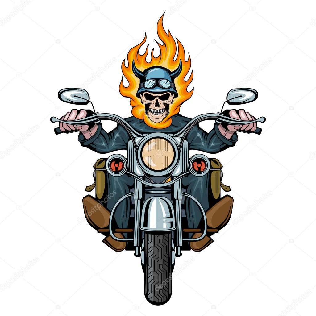  Burning Skull. Evil person. Skull Biker Sits On A Bike. Skull riding a motorcycle. Tattoo. Biker party. Vector graphics to design