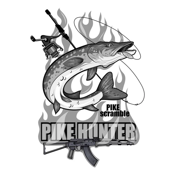 Pike Image Turniej Szczupaków Logo Konkursu Szczupaków Rybie Potwory Szkic — Wektor stockowy