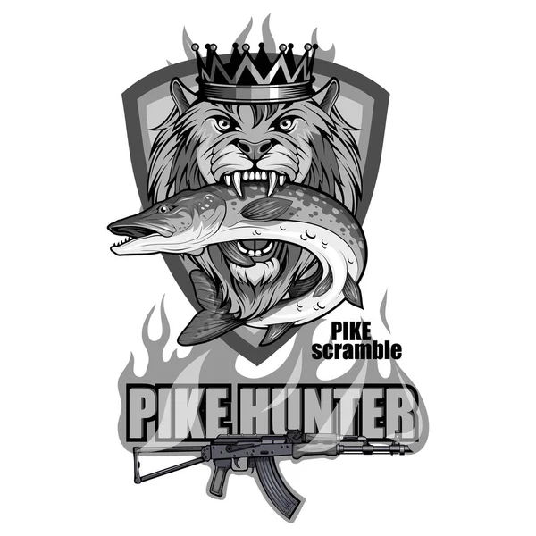 Pike Majı Balıkçı Turnuvası Turna Yarışması Logosu Balık Canavarı Maskot — Stok Vektör