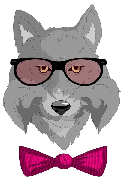 Wolf mit Sonnenbrille und Schleife — Stockvektor