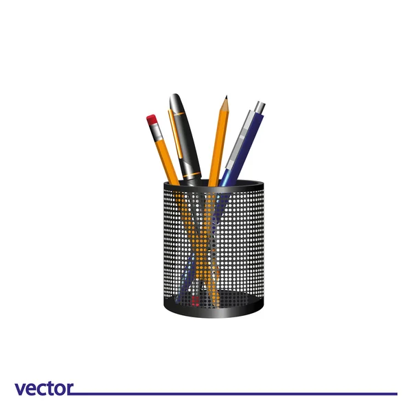 Crayons et tasse de bureau avec stylo — Image vectorielle