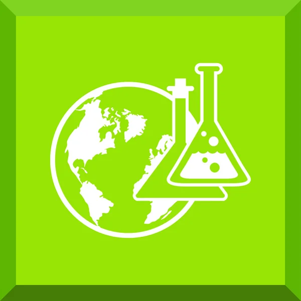 Flache Ikone der Chemiekolben mit dem Planeten — Stockvektor