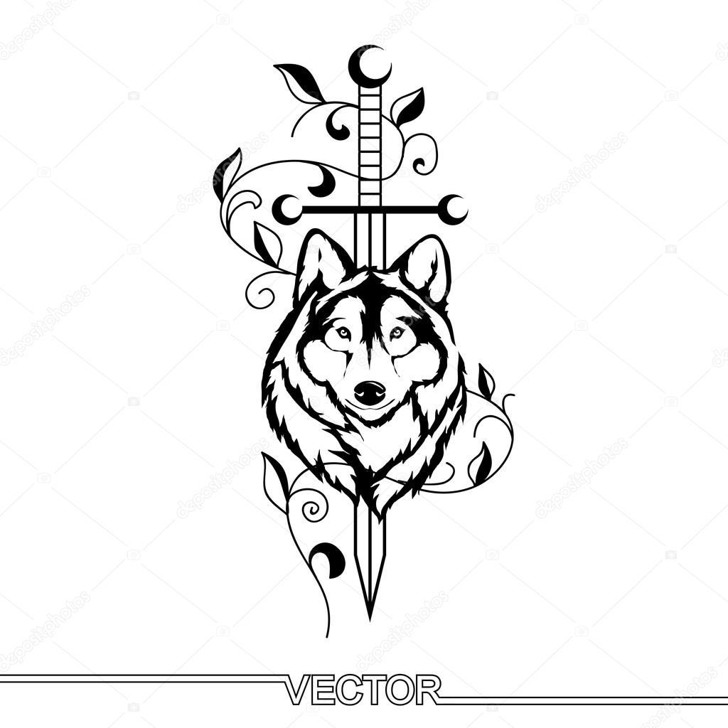 Flat Icon of wolf head with sword. Isolated on white background. Modern vector illustration in a tattoo style.