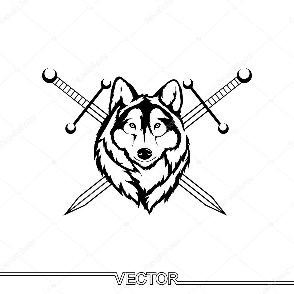 Flat Icon of wolf head with swords. Isolated on white background. Modern vector illustration in a tattoo style.