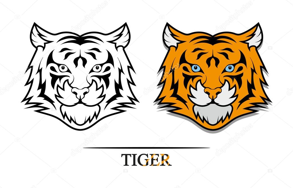 Vector illustration of tiger head in black and color version.Tattoo style.
