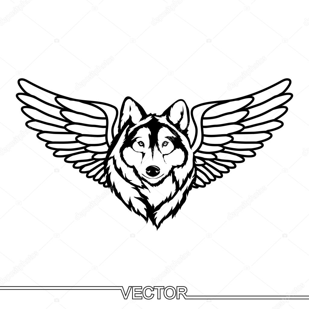 Flat Icon of wolf head with wings. Isolated on white background. Modern vector illustration in a tattoo style.