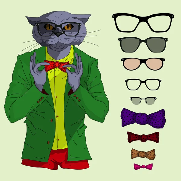 Hipster kat met glazen — Stockvector