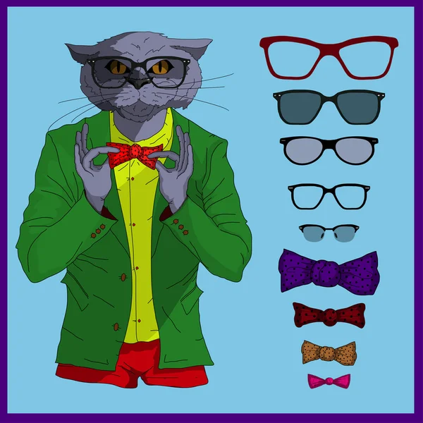 Hipster kat met glazen — Stockvector