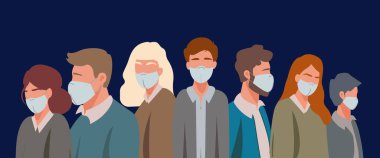 vector with illustrative adult people in medical masks on blue, coronavirus concept clipart