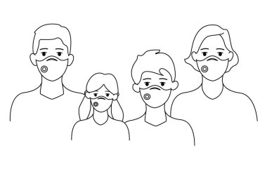 Tıbbi maskeli, beyaz, koronavirüs konsepti olan illüstrasyon ailesi taşıyıcısı