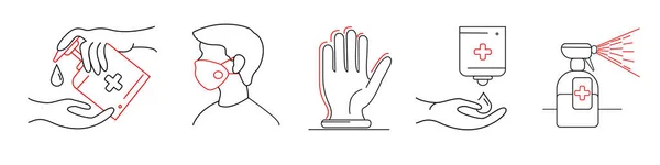 Tıbbi maskeli ve beyaz üzerinde dezenfektan kullanan illüstrasyon kişili koronavirüs simgeleri