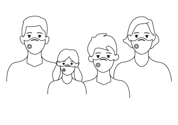 Vektor Dengan Keluarga Ilustratif Dalam Masker Medis Pada Warna Putih - Stok Vektor