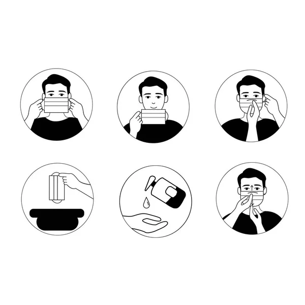 Vector Coronavirus Icons Illustrative Person Wearing Medical Mask Using Sanitizer — Stock Vector