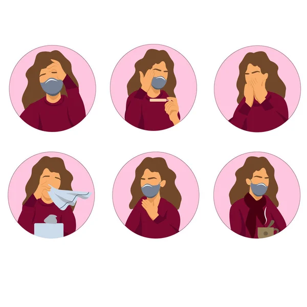 Icônes Vectorielles Coronavirus Avec Une Femme Illustrative Avec Des Symptômes — Image vectorielle