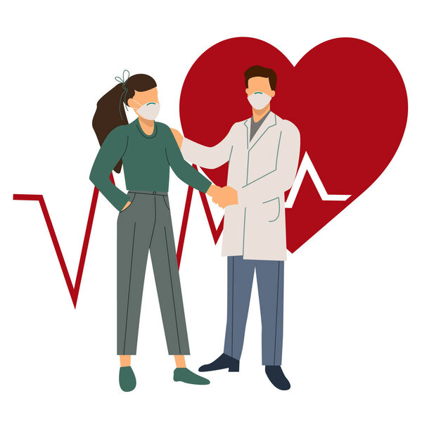 vector coronavirus icons with doctor and patient in medical masks shaking hands near heart illustration on white