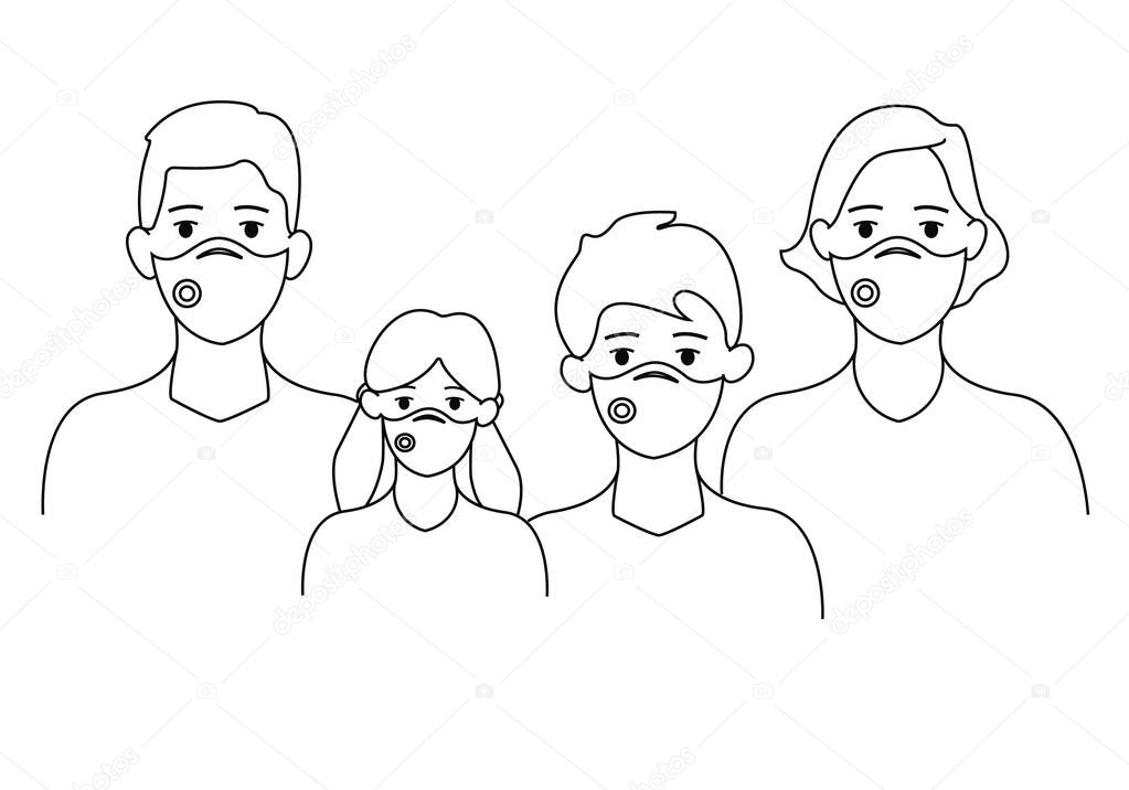 vector with illustrative family in medical masks on white, coronavirus concept