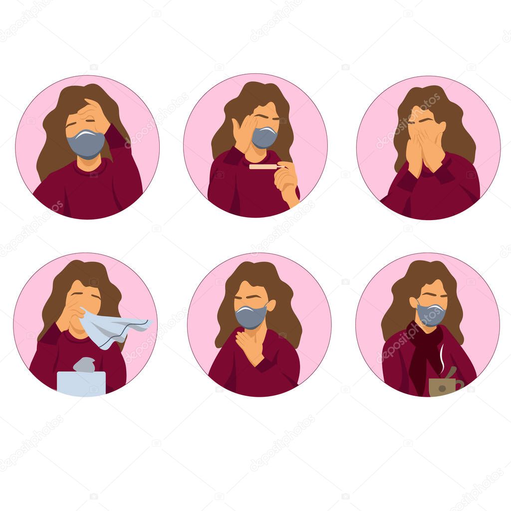 vector coronavirus icons with illustrative woman with coronavirus symptoms on white