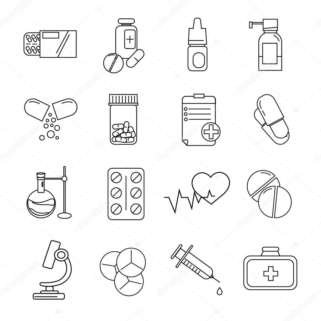 vector coronavirus icons with pills and medication on white