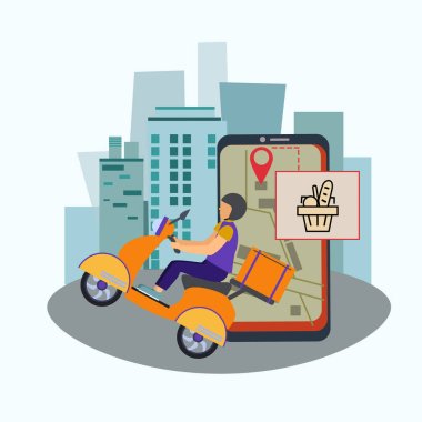 vector with drawn delivery man in helmet riding scooter with package  clipart