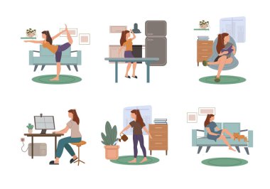 vector coronavirus with drawn woman practicing yoga, reading book, working from home, watering plant, and resting with cat on sofa on white clipart