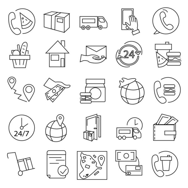 векторные иконки коронавируса с телефоном, продовольствием, часами и транспортом на белом, концепция доставки 