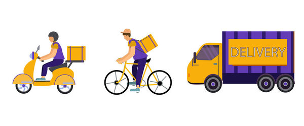 Vector Icons Delivery Men Riding Bike Scooter Truck Delivery Lettering Royalty Free Stock Illustrations