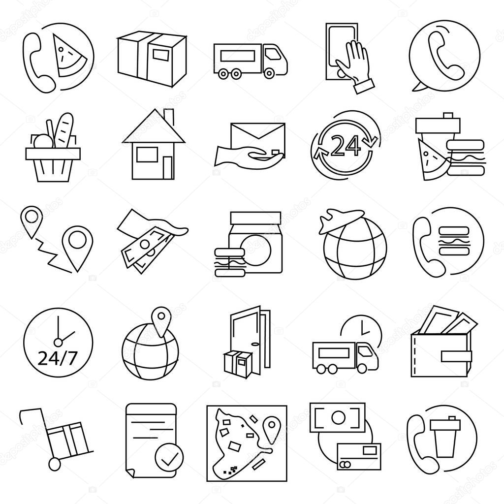 vector coronavirus icons with phone, food, clock and transport on white, delivery concept 