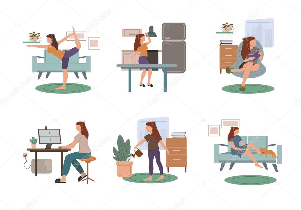 vector coronavirus with drawn woman practicing yoga, reading book, working from home, watering plant, and resting with cat on sofa on white