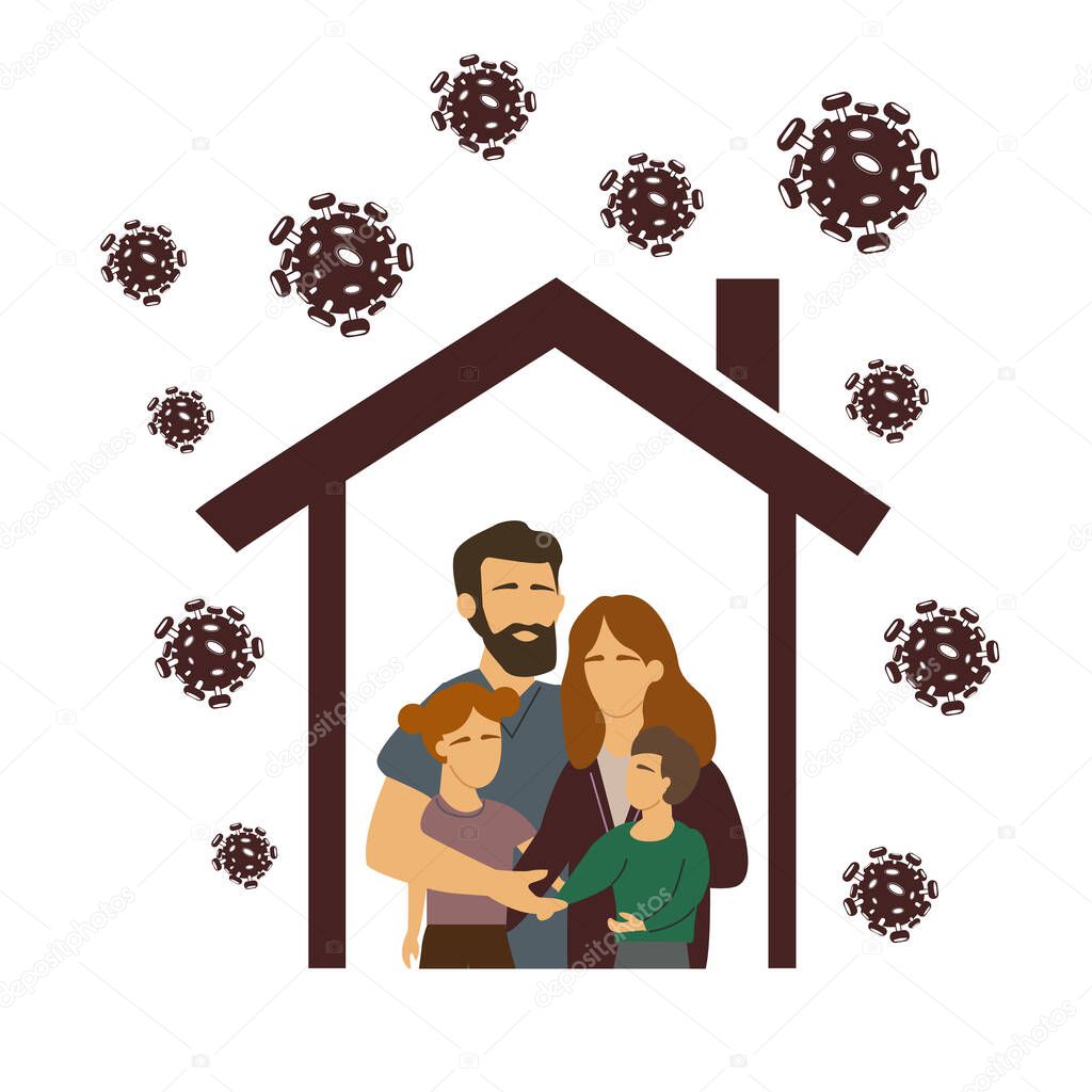 vector coronavirus with drawn family under roof, stay at home concept 