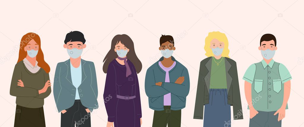 vector with interracial people in medical masks standing on white, coronavirus concept 