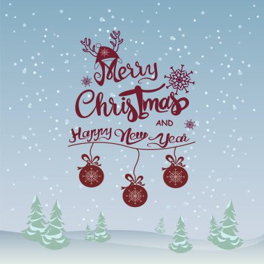 Mutlu noeller ve mutlu yeni yıl mektupları taşıyan vektör Noel balolarının yanında ve mavi üzerine kar yağıyor.