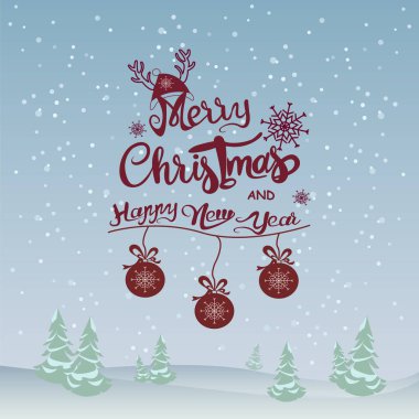 vector with merry christmas and happy new year lettering near christmas balls and falling snow on blue clipart