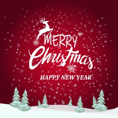 vector with merry christmas and happy new year lettering near deer and pines on red clipart