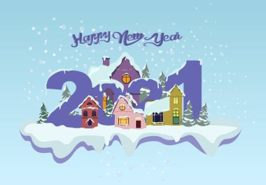 Evlerin, çam ağaçlarının ve mavi üzerine düşen karların yanında mutlu yeni yıl harfleri olan vektör