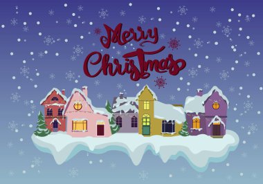vector with merry christmas lettering near houses, pines and falling snow on blue clipart
