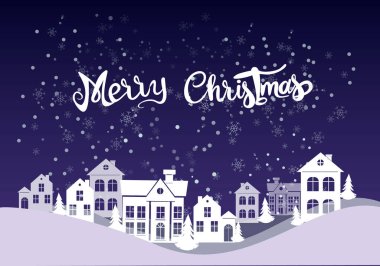 vector with merry christmas lettering near houses, pines and falling snow on blue clipart