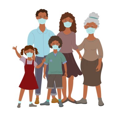 vector coronavirus icons with african american family in medical masks on white  clipart