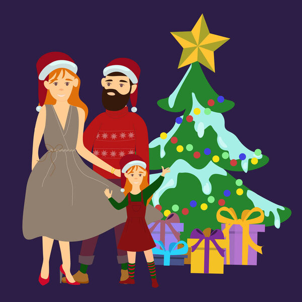 вектор с родителями, стоящими рядом с дочкой возле рождественской елки на голубом