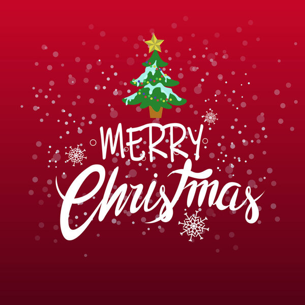 Vector Con Letras Navideñas Felices Cerca Pino Verde Nieve Cayendo — Vector de stock
