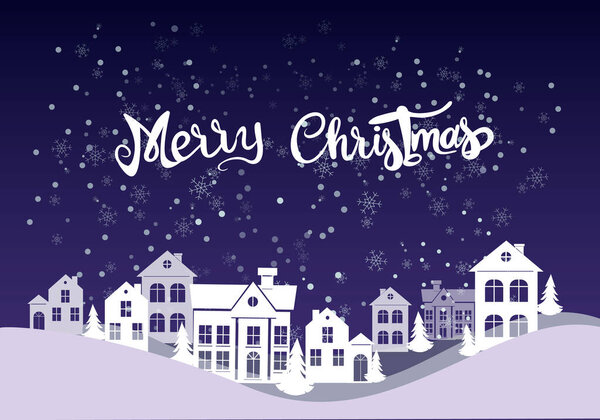 вектор с весёлыми рождественскими буквами возле домов, сосен и падающего снега на голубой